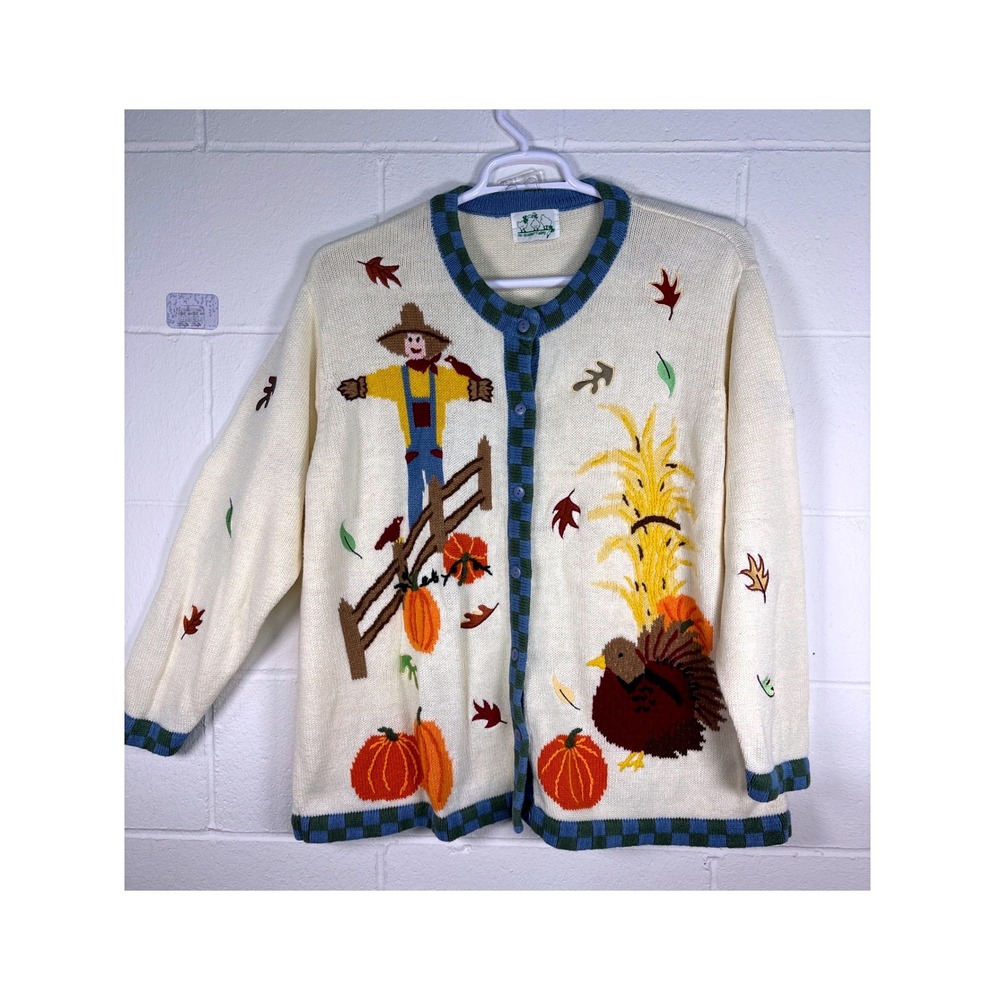 Quacker Factory Fall Harvest Scarecrow Turkey Pumpkin Cardigan Sweater XL